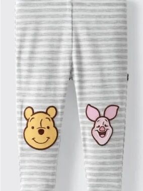 Little Sleepies Grey Striped Leggings with Yellow Pooh & Pink Piglet Knees